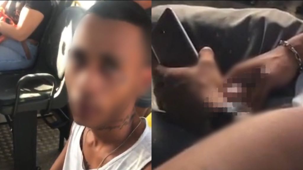 imagem mostra homem com cara borrada e momento do assédio sexual