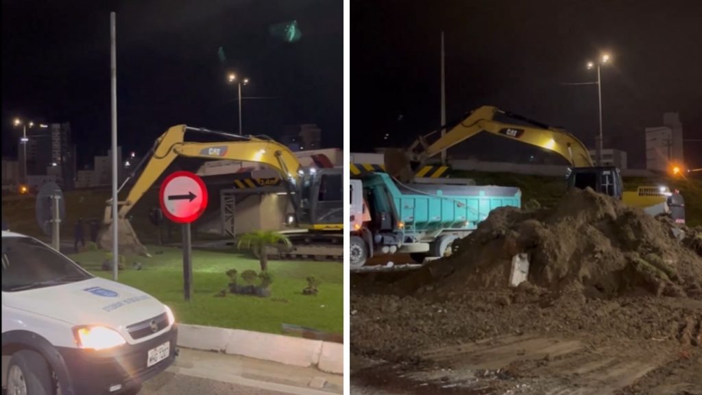 Imagem mostra obras com patrola e caminhões